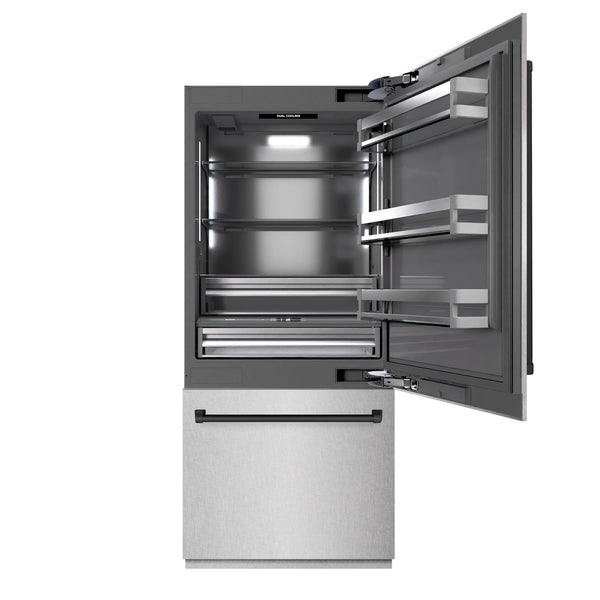 ZLINE Autograph Edition 36 in. 19.8 cu. ft. Built-In Bottom Freezer Refrigerator with Water Dispenser and Ice Maker in Satin Stainless Steel with Graphite Gray Interior and Matte Black Accents (GRBITZ-SN-36-MB)
