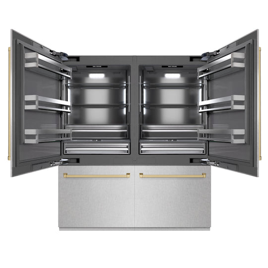 ZLINE Autograph Edition 72 in. 39.6 cu. ft. French Door Built-In Bottom Freezer Refrigerator with Water Dispensers and Ice Makers in Satin Stainless Steel with Graphite Gray Interior and Champagne Bronze Accents (GRBITZ-SN-72-CB)