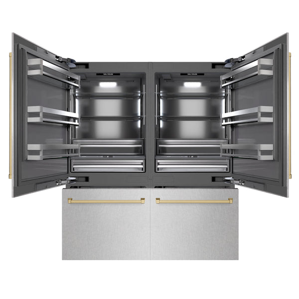 ZLINE Autograph Edition 72 in. 39.6 cu. ft. French Door Built-In Bottom Freezer Refrigerator with Water Dispensers and Ice Makers in Satin Stainless Steel with Graphite Gray Interior and Champagne Bronze Accents (GRBITZ-SN-72-CB)