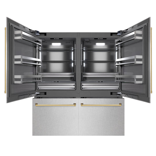 ZLINE Autograph Edition 72 in. 39.6 cu. ft. French Door Built-In Bottom Freezer Refrigerator with Water Dispensers and Ice Makers in Satin Stainless Steel with graphite Gray Interior and Polished Gold Accents (GRBITZ-SN-72-G)