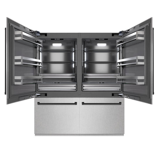 ZLINE Autograph Edition 72 in. 39.6 cu. ft. French Door Built-In Bottom Freezer Refrigerator with Water Dispensers and Ice Makers in Satin Stainless Steel with Graphite Gray Interior and Matte Black Accents (GRBITZ-SN-72-MB)