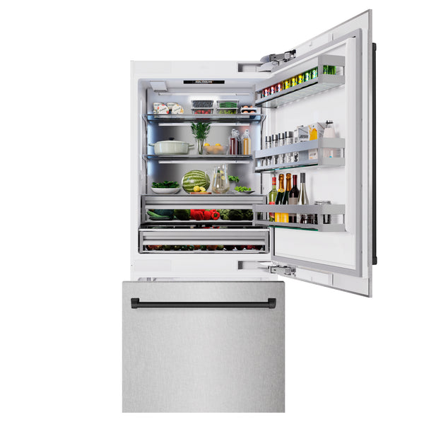 ZLINE Autograph Edition 36 in. 19.8 cu. ft. Built-In Bottom Freezer Refrigerator with Water Dispenser and Ice Maker in Satin Stainless Steel and Matte Black Accents (RBITZ-SN-36-MB)