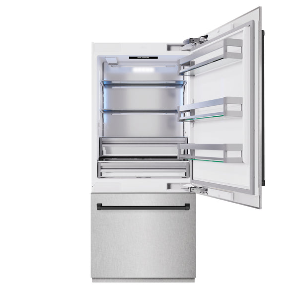 ZLINE Autograph Edition 36 in. 19.8 cu. ft. Built-In Bottom Freezer Refrigerator with Water Dispenser and Ice Maker in Satin Stainless Steel and Matte Black Accents (RBITZ-SN-36-MB)