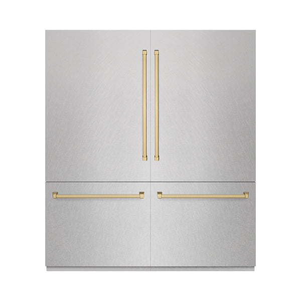 ZLINE Autograph Edition 72 in. 39.6 cu. ft. French Door Built-In Bottom Freezer Refrigerator with Water Dispensers and Ice Makers in Satin Stainless Steel and Champagne Bronze Accents (RBITZ-SN-72-CB)