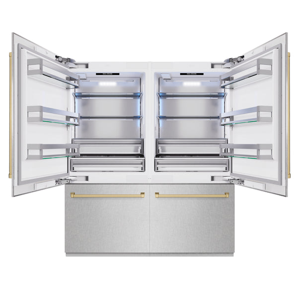ZLINE Autograph Edition 72 in. 39.6 cu. ft. French Door Built-In Bottom Freezer Refrigerator with Water Dispensers and Ice Makers in Satin Stainless Steel and Champagne Bronze Accents (RBITZ-SN-72-CB)