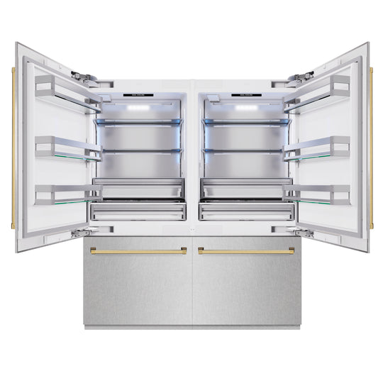 ZLINE Autograph Edition 72 in. 39.6 cu. ft. French Door Built-In Bottom Freezer Refrigerator with Water Dispensers and Ice Makers in Satin Stainless Steel and Polished Gold Accents (RBITZ-SN-72-G)