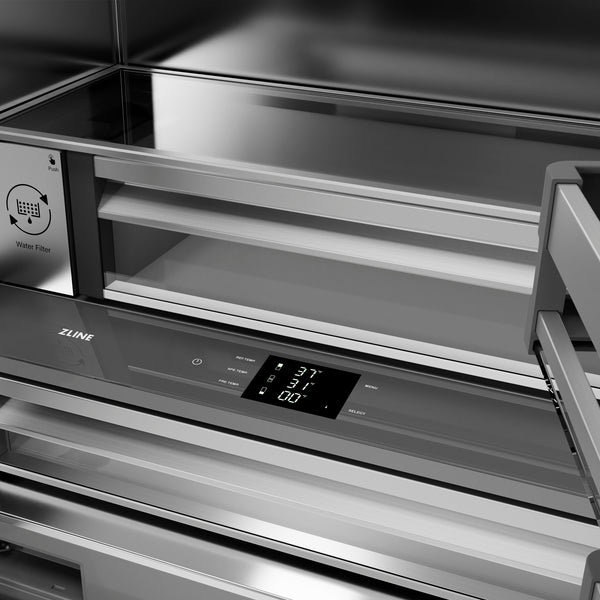 ZLINE Autograph Edition 36 in. 19.6 cu. ft. French Door Built-In Bottom Freezer Refrigerator with Water Dispenser and Ice Maker in Satin Stainless Steel with Stainless Steel Interior and Champagne Bronze Accents (SRBIVZ-SN-36-CB)