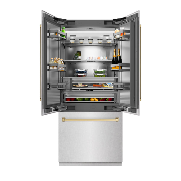 ZLINE Autograph Edition 36 in. 19.6 cu. ft. French Door Built-In Bottom Freezer Refrigerator with Water Dispenser and Ice Maker in White Matte with Stainless Steel Interior and Champagne Bronze Accents (SRBIVZ-WM-36-CB)