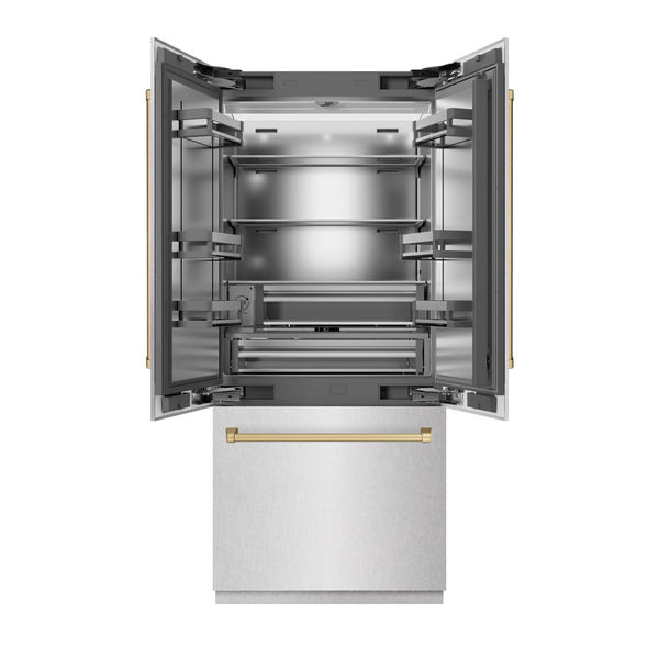 ZLINE Autograph Edition 36 in. 19.6 cu. ft. French Door Built-In Bottom Freezer Refrigerator with Water Dispenser and Ice Maker in Satin Stainless Steel with Stainless Steel Interior and Champagne Bronze Accents (SRBIVZ-SN-36-CB)