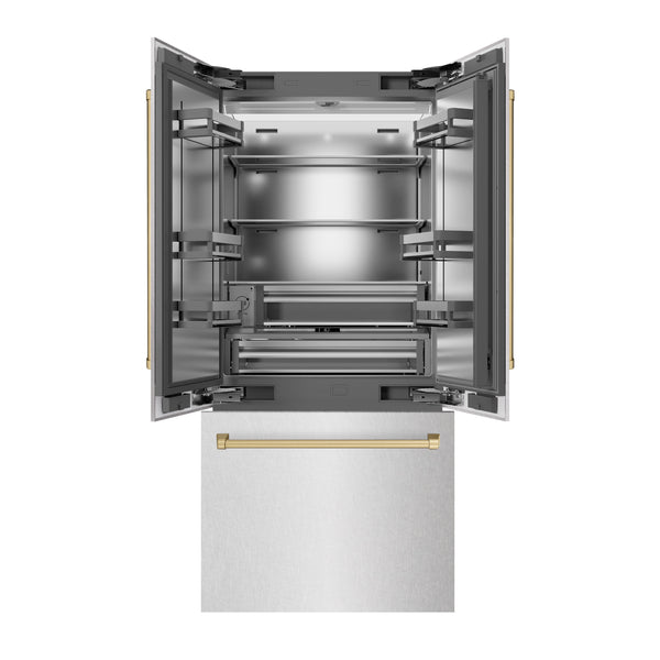 ZLINE Autograph Edition 36 in. 19.6 cu. ft. French Door Built-In Bottom Freezer Refrigerator with Water Dispenser and Ice Maker in Satin Stainless Steel with Stainless Steel Interior and Champagne Bronze Accents (SRBIVZ-SN-36-CB)