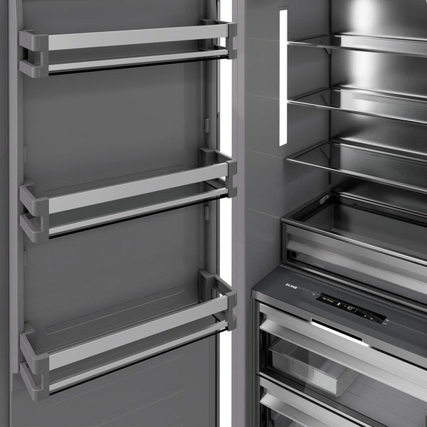 ZLINE 24 in. 12.4 cu. ft. Column Freezer in Stainless Steel with Graphite Gray Interior (RCFV-304-24) close-up detail, interior with door open.