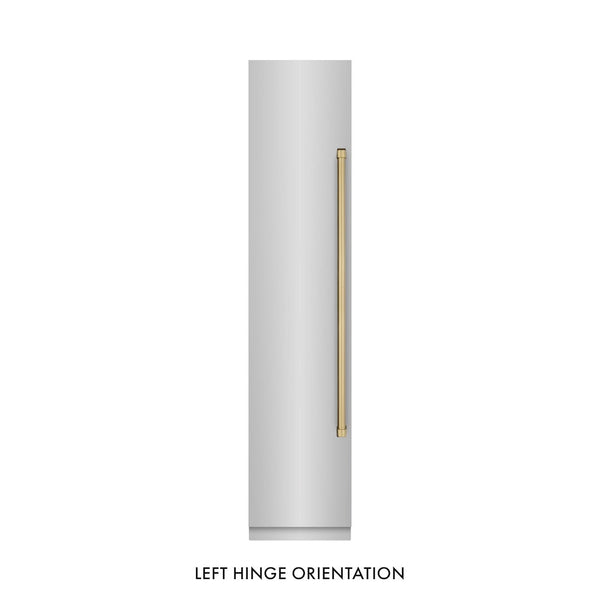 ZLINE Autograph Edition 18 in. 8.6 cu. ft. Left Hinge Column Freezer in Stainless Steel with Graphite Gray Interior and Champagne Bronze Accents (RCFVLZ-30418-CB) front, closed.