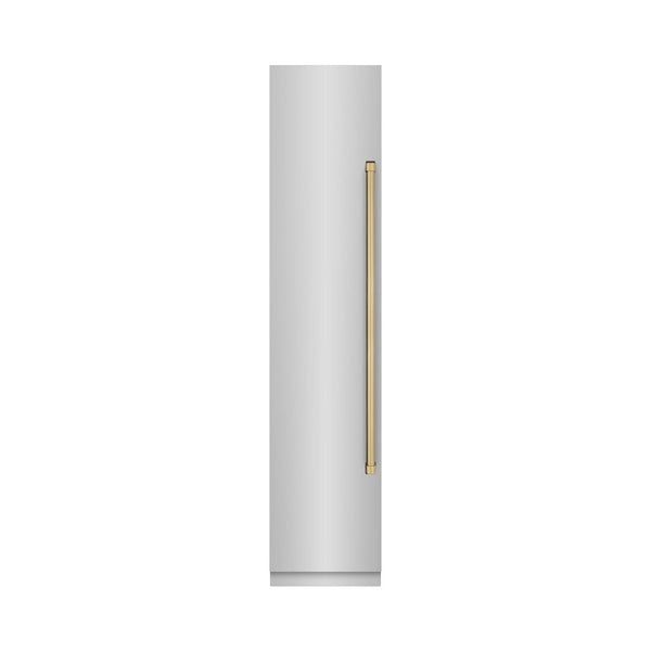 ZLINE Autograph Edition 18 in. 8.6 cu. ft. Left Hinge Column Freezer in Stainless Steel with Graphite Gray Interior and Champagne Bronze Accents (RCFVLZ-30418-CB) front, closed.