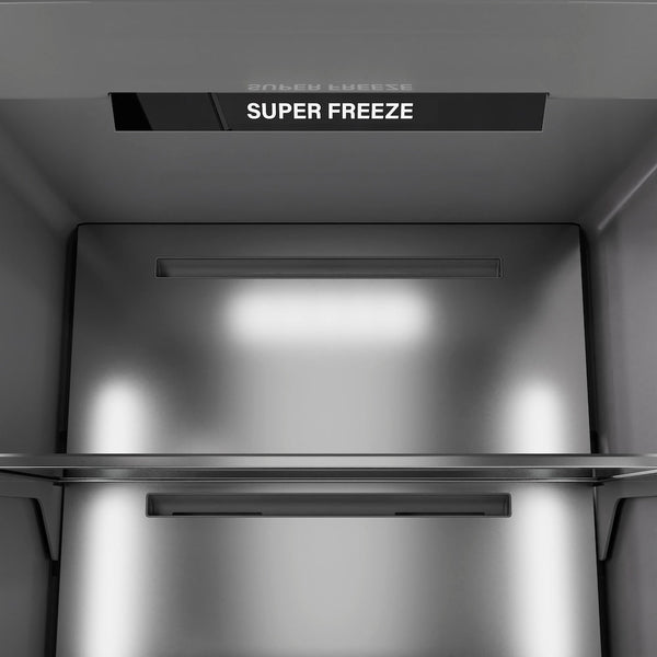 ZLINE Autograph Edition 18 in. 8.6 cu. ft. Left Hinge Column Freezer in Stainless Steel with Graphite Gray Interior and Matte Black Accents (RCFVLZ-30418-MB) close-up detail, super freeze.