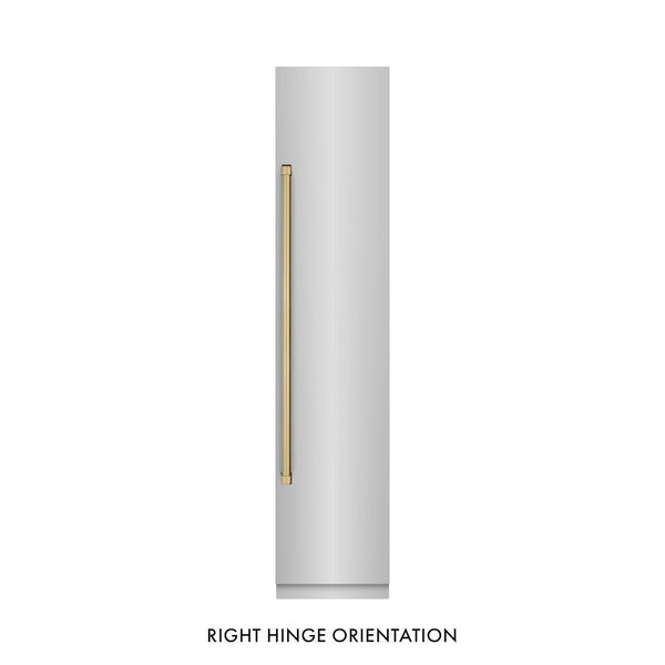 ZLINE Autograph Edition 18 in. 8.6 cu. ft. Right Hinge Column Freezer in Stainless Steel with Graphite Gray Interior and Champagne Bronze Accents (RCFVRZ-30418-CB) front, closed.