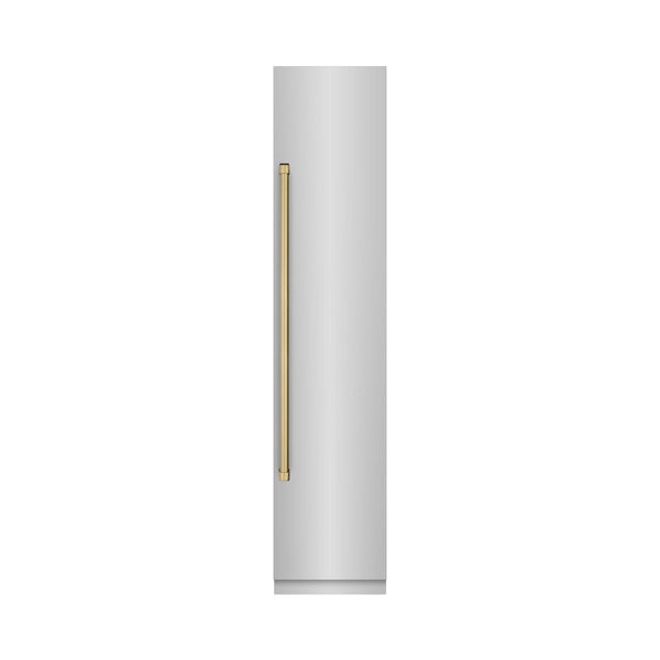 ZLINE Autograph Edition 18 in. 8.6 cu. ft. Right Hinge Column Freezer in Stainless Steel with Graphite Gray Interior and Champagne Bronze Accents (RCFVRZ-30418-CB) front, closed.