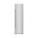 ZLINE Autograph Edition 24 in. 12.5 cu. ft. Column Refrigerator in Stainless Steel with Graphite Gray Interior and Champagne Bronze Accents (RCRVZ-30424-CB) front, closed.