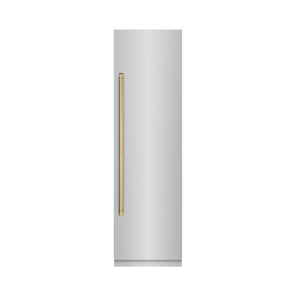 ZLINE Autograph Edition 24 in. 12.5 cu. ft. Column Refrigerator in Stainless Steel with Graphite Gray Interior and Champagne Bronze Accents (RCRVZ-30424-CB) front, closed.