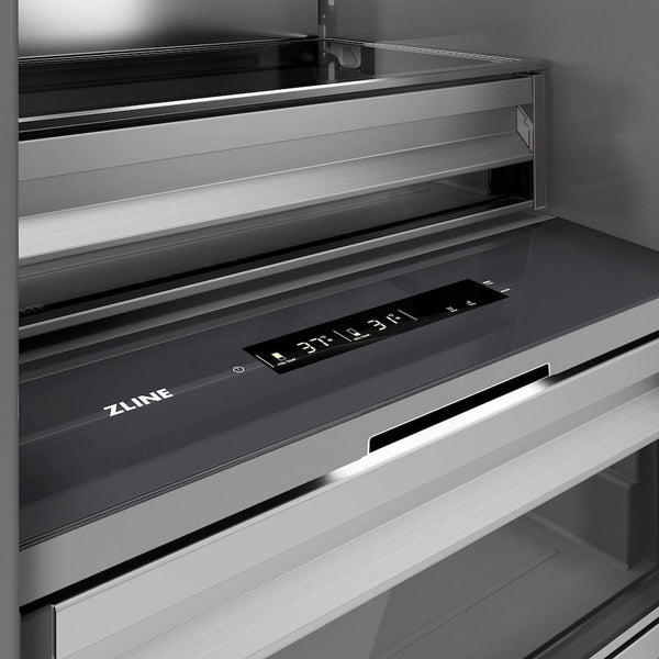ZLINE Autograph Edition 24 in. 12.5 cu. ft. Column Refrigerator in Stainless Steel with Graphite Gray Interior and Matte Black Accents (RCRVZ-30424-MB) closes-up detail, touch control panel and temperature display.