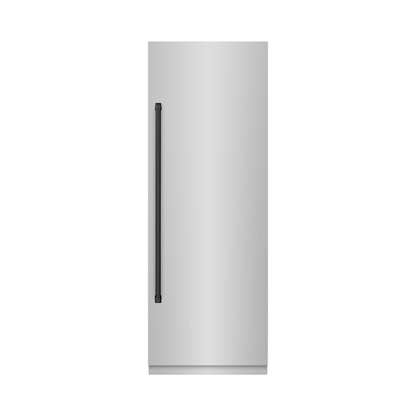 ZLINE Autograph Edition 30 in. 16.7 cu. ft. Column Refrigerator in Stainless Steel with Graphite Gray Interior and Matte Black Accents (RCRVZ-30430-MB) front, closed.