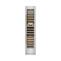 ZLINE Autograph Edition 18 in. 9.0 cu. ft. Triple Zone 68 Bottle Right Hinge Column Wine Cooler in Stainless Steel with Champagne Bronze Accents (RCWVRZ-30418-CB) front, closed, with wine on racks.