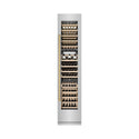 ZLINE Autograph Edition 18 in. 9.0 cu. ft. Triple Zone 68 Bottle Right Hinge Column Wine Cooler in Stainless Steel with Polished Gold Accents (RCWVRZ-30418-G) front, closed, with wine on racks.