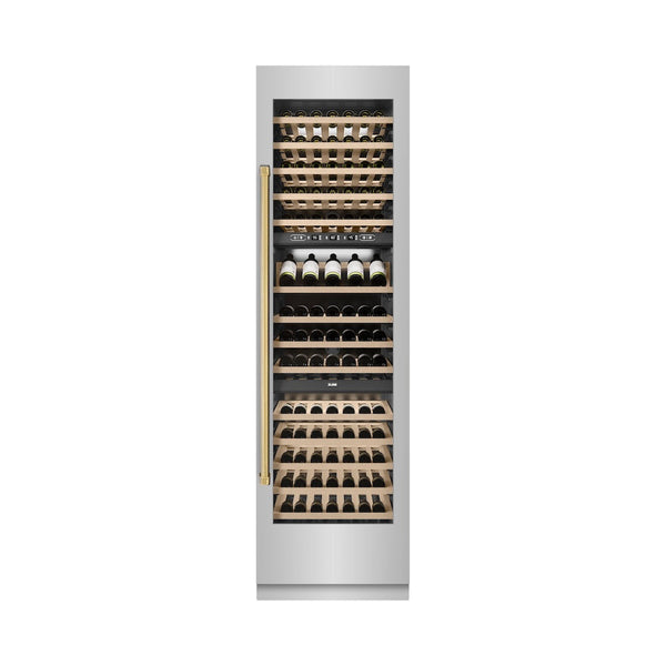 ZLINE Autograph Edition 24 in. 12.4 cu. ft. Triple Zone 100 Bottle Column Wine Cooler in Stainless Steel and Polished Gold Accents (RCWVZ-304-24-G) front, closed, with wine on racks.