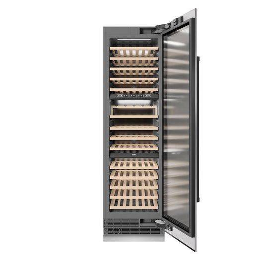 ZLINE Autograph Edition 24 in. 12.4 cu. ft. Triple Zone 100 Bottle Column Wine Cooler in Stainless Steel and Matte Black Accents (RCWVZ-304-24-MB)