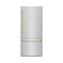 ZLINE Autograph Edition 36 in. 19.8 cu. ft. Built-In Bottom Freezer Refrigerator with Water Dispenser and Ice Maker in Stainless Steel with Graphite Gray Interior and Polished Gold Accents (GRBITZ-304-36G)