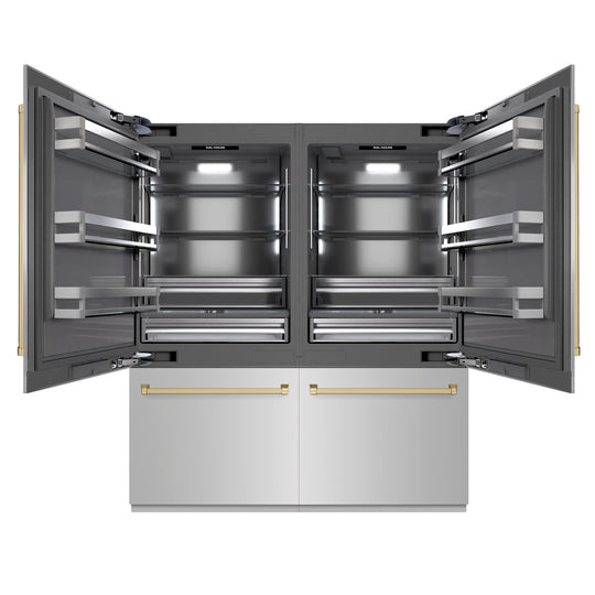 ZLINE Autograph Edition 72 in. 39.6 cu. ft. French Door Built-In Bottom Freezer Refrigerator with Water Dispensers and Ice Makers in Stainless Steel with Graphite Gray Interior and Champagne Bronze Accents (GRBITZ-304-72CB)