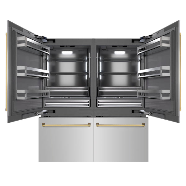 ZLINE Autograph Edition 72 in. 39.6 cu. ft. French Door Built-In Bottom Freezer Refrigerator with Water Dispensers and Ice Makers in Stainless Steel with Graphite Gray Interior and Polished Gold Accents (GRBITZ-304-72G)