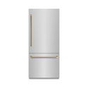 ZLINE Autograph Edition 36 in. 19.8 cu. ft. Built-In Bottom Freezer Refrigerator with Water Dispenser and Ice Maker in Stainless Steel with Graphite Gray Interior and Champagne Bronze Helix Handles (GRBITZ-30436KCB)