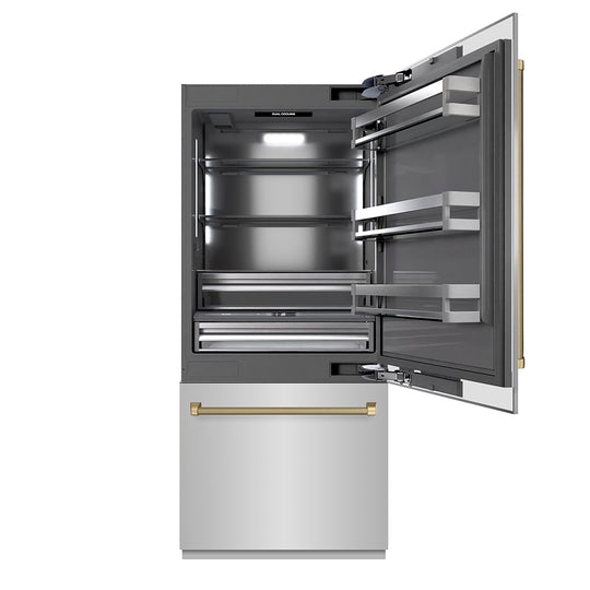 ZLINE Autograph Edition 36 in. 19.8 cu. ft. Built-In Bottom Freezer Refrigerator with Water Dispenser and Ice Maker in Stainless Steel with Graphite Gray Interior and Champagne Bronze Helix Handles (GRBITZ-30436KCB)