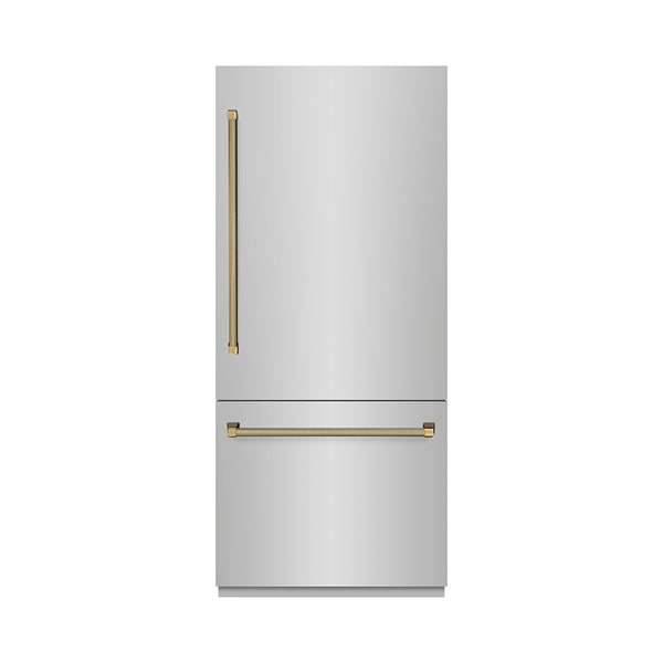 ZLINE Autograph Edition 36 in. 19.8 cu. ft. Built-In Bottom Freezer Refrigerator with Water Dispenser and Ice Maker in Stainless Steel with Graphite Gray Interior and Polished Gold Helix Handles (GRBITZ-30436KG)
