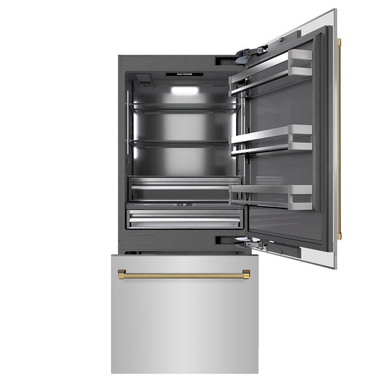 ZLINE Autograph Edition 36 in. 19.8 cu. ft. Built-In Bottom Freezer Refrigerator with Water Dispenser and Ice Maker in Stainless Steel with Graphite Gray Interior and Polished Gold Helix Handles (GRBITZ-30436KG)