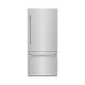 ZLINE Autograph Edition 36 in. 19.8 cu. ft. Built-In Bottom Freezer Refrigerator with Water Dispenser and Ice Maker in Stainless Steel with Graphite Gray Interior and Polished Nickel Helix Handles (GRBITZ-30436KPN)