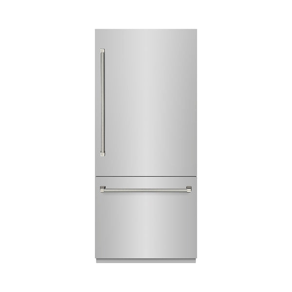 ZLINE Autograph Edition 36 in. 19.8 cu. ft. Built-In Bottom Freezer Refrigerator with Water Dispenser and Ice Maker in Stainless Steel with Graphite Gray Interior and Polished Nickel Helix Handles (GRBITZ-30436KPN)