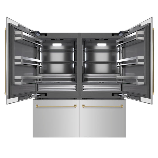 ZLINE Autograph Edition 72 in. 39.6 cu. ft. French Door Built-In Bottom Freezer Refrigerator with Water Dispensers and Ice Makers in Stainless Steel with Graphite Gray Interior and Champagne Bronze Helix Handles (GRBITZ-30472KCB)