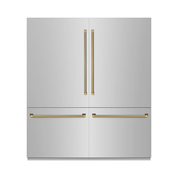 ZLINE Autograph Edition 72 in. 39.6 cu. ft. French Door Built-In Bottom Freezer Refrigerator with Water Dispensers and Ice Makers in Stainless Steel with Graphite Gray Interior and Polished Gold Helix Handles (GRBITZ-30472KG)