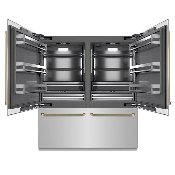 ZLINE Autograph Edition 72 in. 39.6 cu. ft. French Door Built-In Bottom Freezer Refrigerator with Water Dispensers and Ice Makers in Stainless Steel with Graphite Gray Interior and Polished Gold Helix Handles (GRBITZ-30472KG)