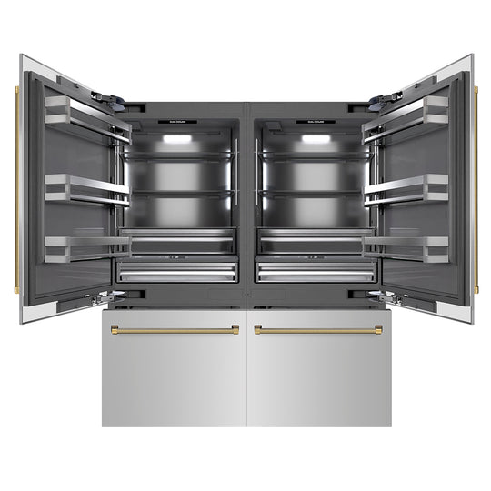 ZLINE Autograph Edition 72 in. 39.6 cu. ft. French Door Built-In Bottom Freezer Refrigerator with Water Dispensers and Ice Makers in Stainless Steel with Graphite Gray Interior and Polished Gold Helix Handles (GRBITZ-30472KG)