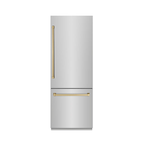 ZLINE Autograph Edition 30 in. 16.1 cu. ft. Built-In Bottom Freezer Refrigerator with Water Dispenser and Ice Maker in Stainless Steel with Graphite Gray Interior and Champagne Bronze Accents (GRBIVZ-304-30CB)