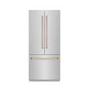 ZLINE Autograph Edition 36 in. 19.6 cu. ft. French Door Built-In Bottom Freezer Refrigerator with Water Dispenser and Ice Maker in Stainless Steel with Graphite Gray Interior and Polished Gold Accents (GRBIVZ-304-36G)