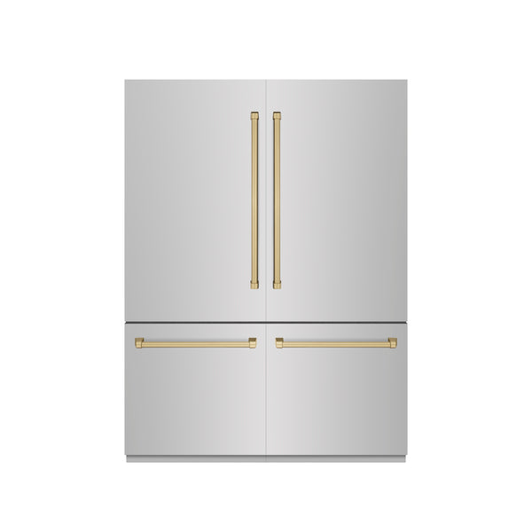 ZLINE Autograph Edition 60 in. 32.2 cu. ft. French Door Built-In Bottom Freezer Refrigerator with Water Dispenser and Ice Maker in Stainless Steel with Graphite Gray Interior and Champagne Bronze Accents (GRBIVZ-304-60CB)