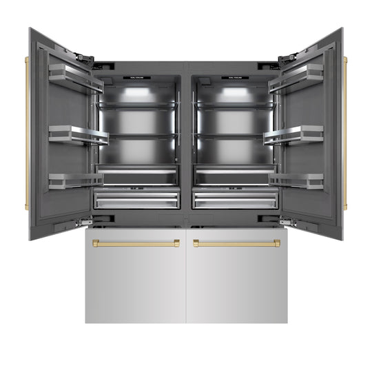 ZLINE Autograph Edition 60 in. 32.2 cu. ft. French Door Built-In Bottom Freezer Refrigerator with Water Dispenser and Ice Maker in Stainless Steel with Graphite Gray Interior and Champagne Bronze Accents (GRBIVZ-304-60CB)
