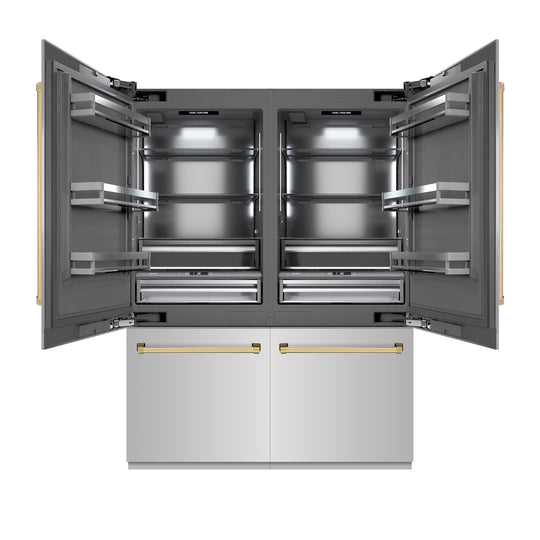 ZLINE Autograph Edition 60 in. 32.2 cu. ft. French Door Built-In Bottom Freezer Refrigerator with Water Dispenser and Ice Maker in Stainless Steel with Graphite Gray Interior and Polished Gold Accents (GRBIVZ-304-60G)