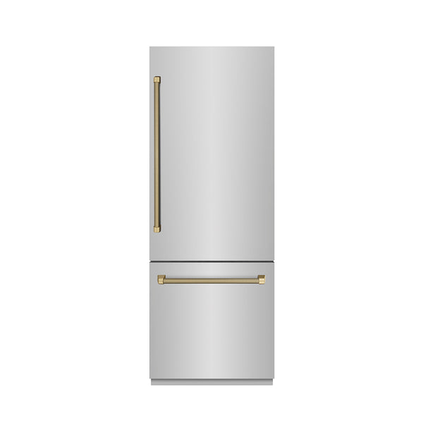 ZLINE Autograph Edition 30 in. 16.1 cu. ft. Built-In Bottom Freezer Refrigerator with Water Dispenser and Ice Maker in Stainless Steel with Graphite Gray Interior and Champagne Bronze Helix Handles (GRBIVZ-30430KCB)