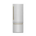 ZLINE Autograph Edition 30 in. 16.1 cu. ft. Built-In Bottom Freezer Refrigerator with Water Dispenser and Ice Maker in Stainless Steel with Graphite Gray Interior and Polished Gold Helix Handles (GRBIVZ-30430KG)