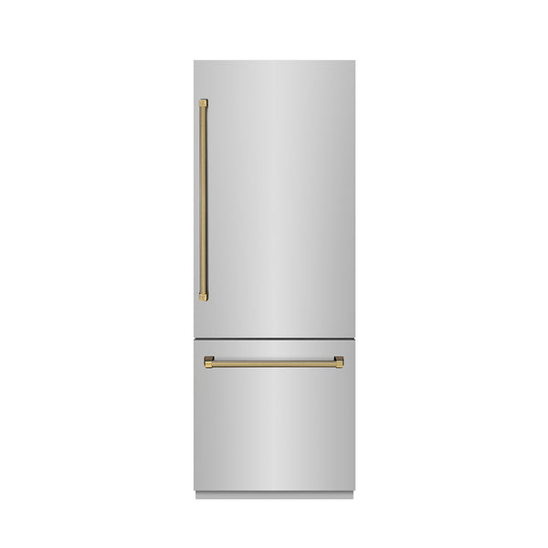 ZLINE Autograph Edition 30 in. 16.1 cu. ft. Built-In Bottom Freezer Refrigerator with Water Dispenser and Ice Maker in Stainless Steel with Graphite Gray Interior and Polished Gold Helix Handles (GRBIVZ-30430KG)