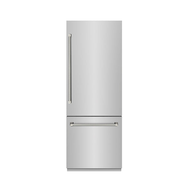ZLINE Autograph Edition 30 in. 16.1 cu. ft. Built-In Bottom Freezer Refrigerator with Water Dispenser and Ice Maker in Stainless Steel with Graphite Gray Interior and Polished Nickel Helix Handles (GRBIVZ-30430KPN)